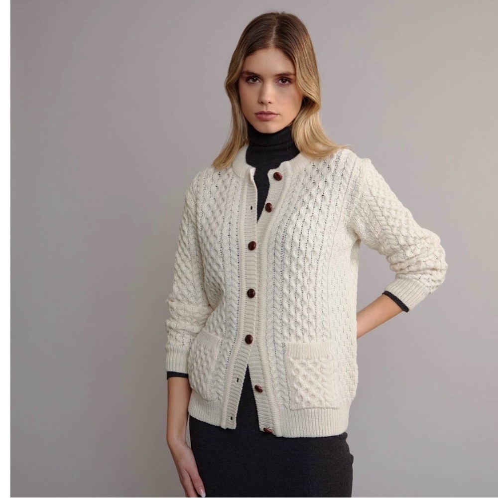 Aran Crafts Woman’s Honeycomb Cream Heritage Knit Merino Wool Cardigan